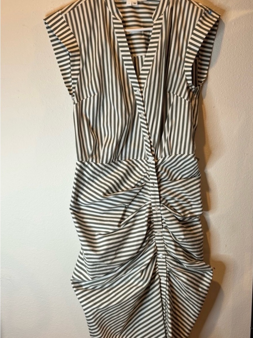 Striped Ruched dress- Olive/White - Picture 5 of 11